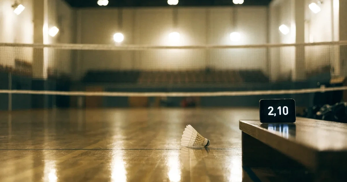 Eine leere Badmintonhalle mit gespanntem Netz und hellen Hallenlichtern, ein Federball liegt auf dem Hallenboden.