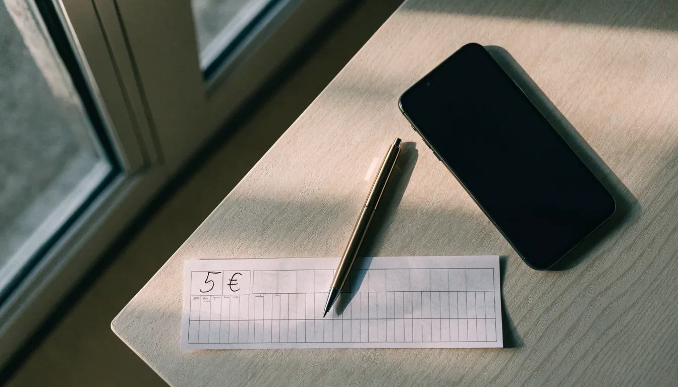 Ein leerer Papier-Wettschein und ein Kugelschreiber liegen neben einem Smartphone mit dunklem Display auf einem Schreibtisch am Fenster.