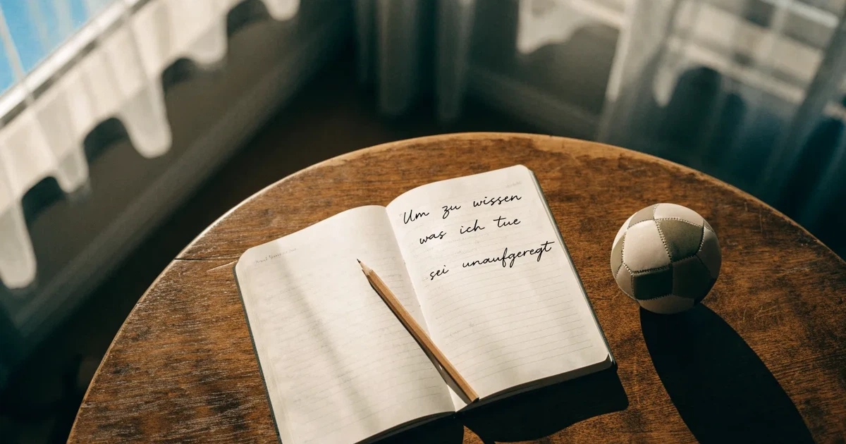 Ein Notizbuch mit handschriftlichen Notizen und einem Bleistift liegt auf einem Holztisch, daneben ein kleiner Fußball im Tageslicht.