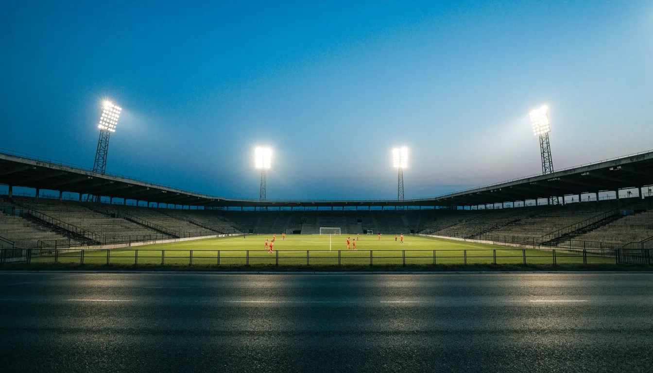 Ein Stadion unter Flutlicht aus großer Entfernung, davor eine leere Straße in der Abenddämmerung.
